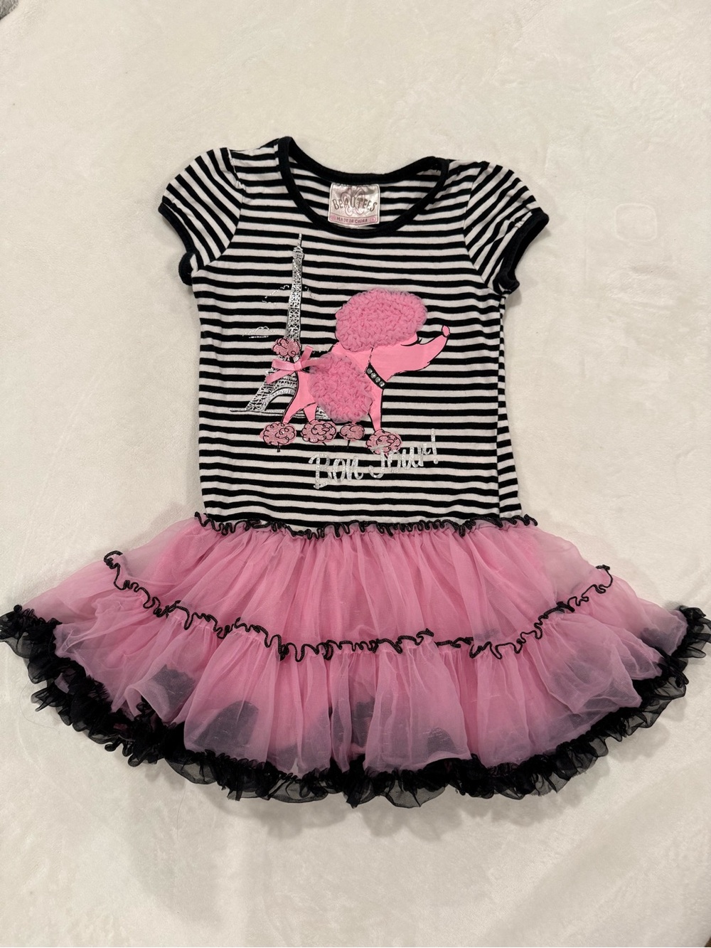 Beautees Black and White Striped Tee with Pink Butterfly Label